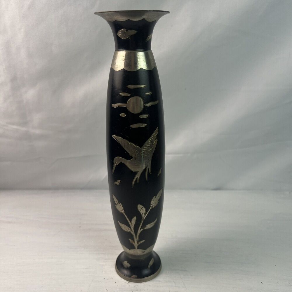 Vintage Metal and Black Bud Vase With Florals And Bird 9”